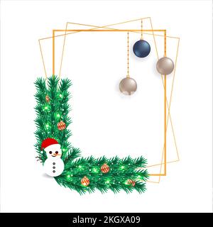 Weihnachtsrahmen mit grünen Blättern auf weißem Hintergrund. Weihnachten mit einem Schneemann und roten Bällen. Weihnachtskugel, Weihnachtsrahmen, grüne Blätter, Schneefl Stock Vektor