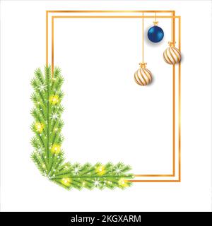 Weihnachtlich realistischer Rahmen mit dekorativen Kugeln, Pinienblättern, Schneeflocken. Weihnachtsrahmen für soziale Medien. Quadratischer Bilderrahmen mit Schneeflocken, Lichtern, blau Stock Vektor