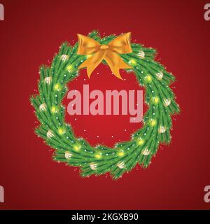 Weihnachtskranz mit grünen Blättern und dekorativen Kugeln. Weihnachtlicher grüner Kranz auf rotem Hintergrund. Fröhlicher Weihnachtskranz mit goldenen Dekorationsbällen und Stock Vektor