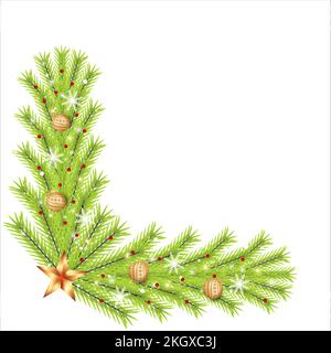 Weihnachtsecke mit goldenen Kugeln und Schneeflocken. Weihnachtsecke mit roten Heiligen Beeren, goldenen Sternen. Weihnachtsecke, Weihnachtselement, grüne Kiefer Stock Vektor