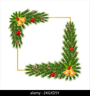 Weihnachtsrahmen mit Zuckerrohr und Klingelglocken. Weihnachtsecke mit Schneeflocken und Dekorationsball. Weihnachtsecke, Weihnachtsdekoration Ball, roter Ball, s Stock Vektor