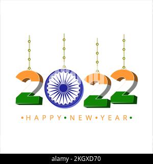 2022 Frohes neues Jahr. Frohes neues Jahr, Indianerflagge. Indischer Frohes neues Jahr. 2022 Indien. 3D Indien 2022. 3D, 2022 Frohes neues Jahr. Gelb, Weiß, Grün und Stock Vektor