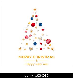 Weihnachtsgrußkarte mit goldenen Sternen, Dekorationskugel. Weihnachtskarte mit Geschenken und goldenen Glocken. Weihnachtskarte, Weihnachtskugeln, rote Kugeln, GIF Stock Vektor