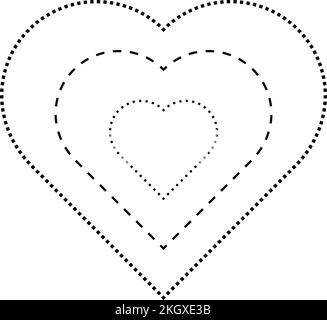 Herzform-Symbol, gestrichelte und gepunktete Bruchlinie für Vorschulkinder, Kindergärten und Montessori-Kinder beim Vorschreiben, Zeichnen und Schneiden von Prac Stock Vektor