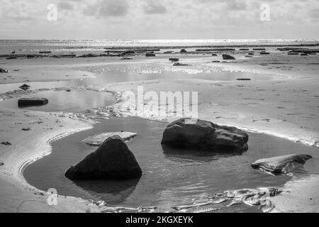 Schwarz-Weiß von Felsenpools an einem wunderschönen verlassenen Sandstrand in Lyme Regis Dorset England Jurassic Coast Stockfoto