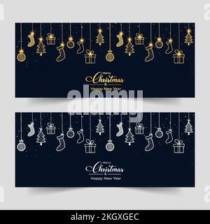 Weihnachtsbanner mit elegantem Hintergrund und Weihnachtsschmuck. Dunkler Weihnachtshintergrund. Xmas glänzende goldene und silberne Socken und Ballsymbole mit c Stock Vektor