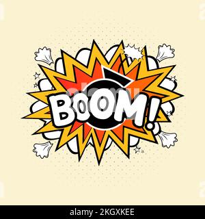 Boom-Comic-Explosion. Comic-Blast-Vektor mit Textblase. Cartoon mit bunten Wörtern und Wolken. Lustige Explosionsblasen für Cartoons Stock Vektor