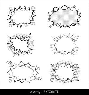 Comic Explosion Line Art Vector mit Bubbles Collection. Comic-Set mit schwarz-weißen Wolken. Symbolsatz für Sprachblasenvektor, schwarz und weiß f Stock Vektor