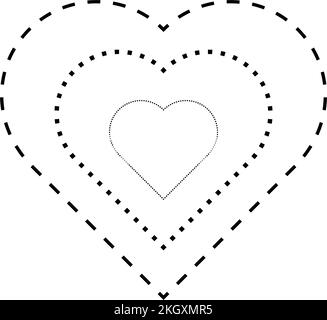 Herzform-Symbol, gestrichelte und gepunktete Bruchlinie für Vorschulkinder, Kindergärten und Montessori-Kinder beim Vorschreiben, Zeichnen und Schneiden von Prac Stock Vektor