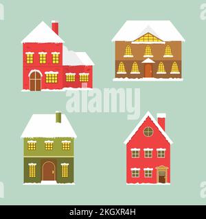 Weihnachtshaus mit Schnee auf dem Dach. Weihnachtsdekoration Haus mit Kamin. Mehrfarbige Häuser. Süße, weihnachtlich dekorierte Häuser. Winterstadt Stock Vektor