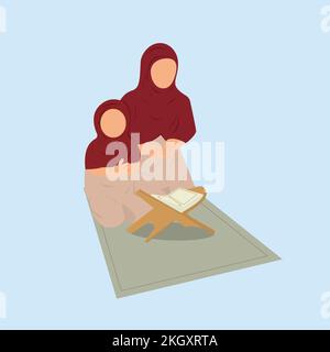 Muslimische Mutter und Tochter, die ein Flachbild aus Koran lesen. Schöne Mutter und Tochter beten zusammen flache Illustration. Heiliger Koran flache Ausführung w Stock Vektor