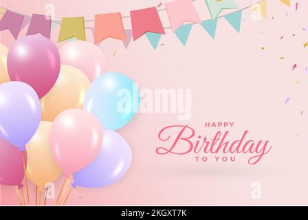 Flache Ballons zum Geburtstag. Herzlichen Glückwunsch zum Geburtstag in den sozialen Medien mit vielen Ballons und Konfetti. Happy birthday wish with pink calligraphy. (Alles gute zum Geburtstag mit pinkfarben Stock Vektor