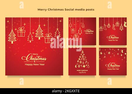 Merry Christmas Geschenkgutschein-Paket. Weihnachtsbanner auf rotem Hintergrund, Weihnachtsbälle, Stern, Weihnachtsbaum, Socken, Geschenke und Schneeflocken. Weihnachtsverkauf Stock Vektor
