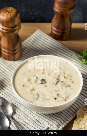 Hausgemachtes Hühnchen und Wildreissuppe mit Pilzen Stockfoto