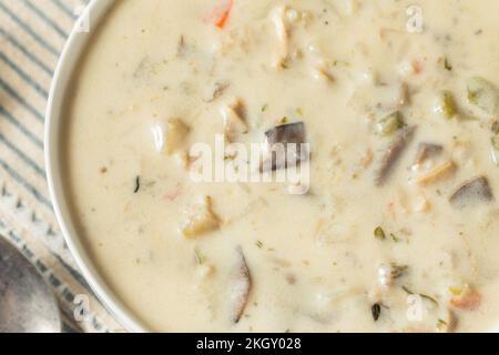 Hausgemachtes Hühnchen und Wildreissuppe mit Pilzen Stockfoto