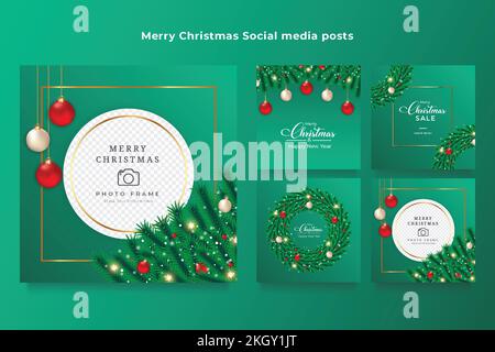 Weihnachts-Post-Paket in sozialen Medien. Weihnachtsbanner auf grünem Hintergrund, Kranz aus Kiefernholz, Dekorationsbälle und Sternenbeleuchtung. Weihnachtsfoto-Rahmenvektor Stock Vektor