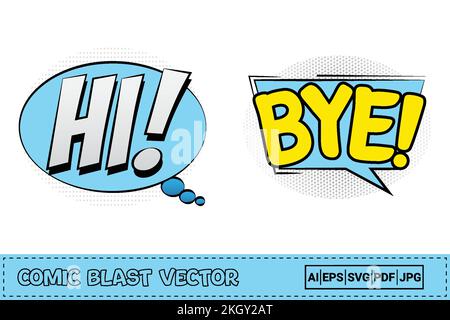 Hi Comic Pop-up in Weiß und Blau. Die gelben und blauen Farben sorgen für Comic-Action. Comic-Explosion. Tschüss Explosionsblasen für Cartoon-Schnaps Stock Vektor