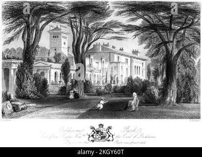 Eine Gravur von Ockham Park, Seat of the Right Honey. Der Graf von Lovelace, Surrey, Großbritannien, scannte in hoher Auflösung von einem Buch, das 1850 gedruckt wurde. Stockfoto