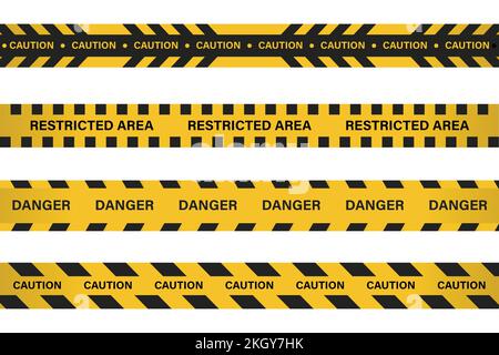 Eingeschränkter Bereich, Warnband mit gelber und schwarzer Farbe. Warnband für Polizei, Unfall, im Bau, Website. Vektor-Warnzeichen gesetzt. Cau Stock Vektor