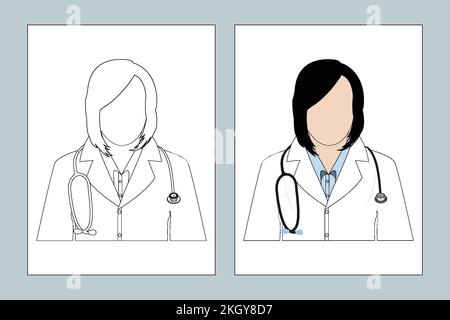 Weibliche Arztlinienkunst. Arzt-Farbseitenvektor. Frau Doktor Flachdesign. Weibliche Krankenschwester-Linienkunst Stethoskop-Vektor. Arzt-Ausmalseite Stock Vektor