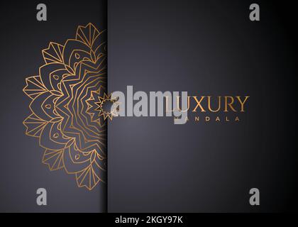 Luxuriöse Mandala-Dekoration mit goldenem Muster. Dekorationsmandalamuster auf schwarzem Hintergrund. Geschenkgutschein mit luxuriöser Dekoration und Mandala. Luxu Stock Vektor