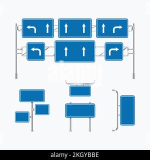 Verkehrsschildschirmvektor. Blaue Autobahnschilder. Leere Werbetafel. Straßenschilder auf weißem Hintergrund. Farbenfrohe Autobahndirektion Stock Vektor
