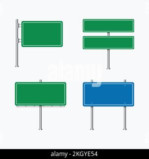 Vektor für Straßenschilder. Leere Werbetafel. Blaue, grüne Verkehrsschilder. Autobahnschilder isoliert auf weißem Hintergrund. Farbenfrohe Straßenschilder Stock Vektor