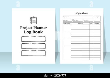 Logbuch des KDP-Innenprojektplaners. Betriebsführungs-Logbuch. Checkliste für Aufgabenplaner. Journal und Aufgabenverfolgung für Projektplaner. Arbeitslisten-Notizbuch Stock Vektor