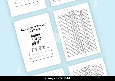 Abonnementplaner KDP-Innenzeitschrift. Logbuch zur monatlichen Ausgabenverfolgung für Abonnements. KDP-Innennotizbuch. Planungsprotokoll für persönliche Abonnementinformationen Stock Vektor