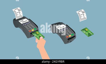 Kreditkartenleser mit einem Handvektor. Flache Abbildung einer Kreditkarte mit Handgriff. Flacher Kreditkartenleser mit Barquittung und menschlicher Hand. Ein Stock Vektor