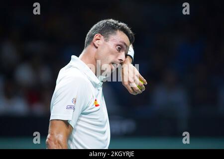 Malaga, Spanien. 23.. November 2022. Davis Cup von Rakuten Finals Spanien gegen Kroatien. Davis Cup Finals Tennisspiel zwischen Roberto Bautista (Spanien) und Borna Coric (Kroatien) in der Jose Maria Martin Carpena Arena, Malaga, 23. November 2022 900/Cordon Press Credit: CORDON PRESS/Alamy Live News Stockfoto