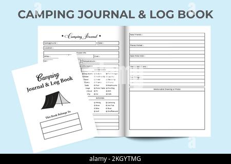 Camping-Tagebuch KDP Interieur. Camp Information Tracker und Experience Notebook. Das KDP-Innenjournal. Campingplatzverfolgung Logbuch Interi Stock Vektor