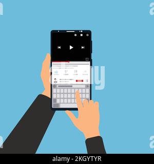 Schreiben eines Kommentars für ein Online-Video auf einem Smartphone-Vektor. Halten Sie Ihr Mobiltelefon in der Hand und sehen Sie sich Online-Videos an. Eingeben von Kommentaren über eine mobile Tastatur Stock Vektor