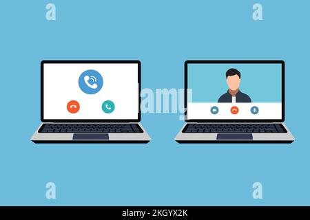 Konzept für Online-Videoanrufe auf Laptops. Online-Anrufe, Videokonferenzkonzept mit einer Abbildung mit flachen Zeichen. Online mit Freunden chatten Stock Vektor
