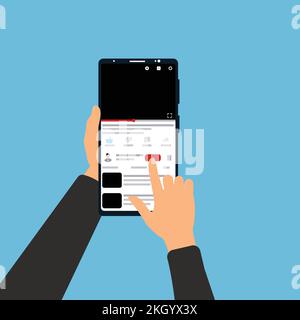 Abonnieren eines Online-Kanals auf einem mobilen Vektor. Halten Sie ein Smartphone in der Hand und klicken Sie auf die Schaltfläche „Abonnieren“, um einen Videokanal aufzurufen. Ein Smartphone, das auf angezeigt wird Stock Vektor