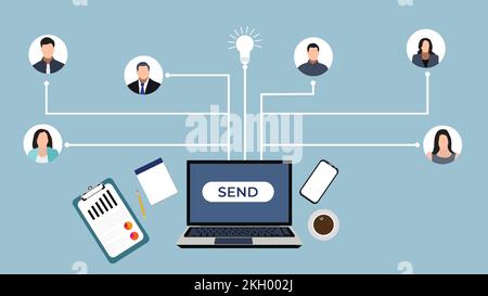 Geschäftskommunikationskonzept mit einem Laptop-Vektor. Darstellung der Übertragungsmethode für Geschäfts- und Büroinformationen. Social-Media-Verbindung im Computer Stock Vektor