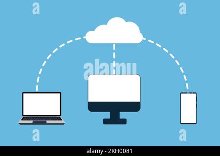 Vektor des Online-Cloud-Speicherkonzepts. Übertragen von Daten von einem Mobilgerät, Laptop und Computer in den Cloud-Speicher. Konzept der Datenspeicherung und -Transformation. Clo Stock Vektor