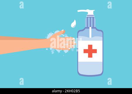 Ein Mann, der Desinfektionsmittel benutzt, um seinen Handbegriff-Vektor zu waschen. Einsatz eines Desinfektionsmittelspenders zur Vorbeugung von Covid-19-Infektionen. Desinfektionsflasche mit medizinischem Symbol an Stock Vektor
