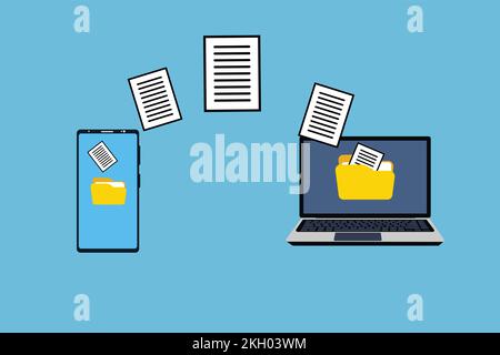 Übertragen von Dokumenten von einem Mobilgerät auf einen Laptop-Vektor. Datenumwandlungsmethode mit verschiedenen Geräten. Drahtlose Datenübertragung über das Internet. Stock Vektor