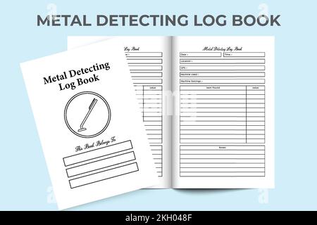 Metalldetektorlogbuch KDP-Innenraum. Vorlage für Notizbuch mit Arbeitsinformationen zu Metalldetektoren und Artikelbeschreibungen. Das KDP-Innenjournal. Metalldetektor m Stock Vektor