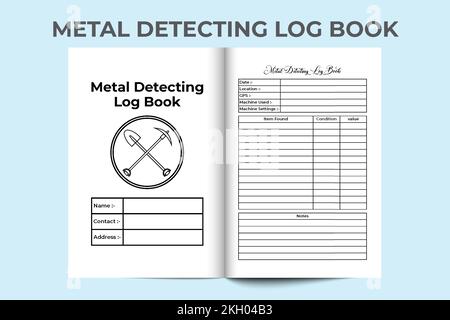 KDP-Innenraum des Notebooks mit Metallerkennung. Schablone für den Ort der Grabarbeiten und die Erfassung von Artikelinformationen. KDP-Innenlogbuch. Informationen zum Metalldetektor A Stock Vektor