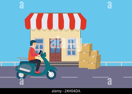 Lieferkonzept mit einem Lieferjungen auf einem Roller. Paketversand von einem Geschäft. Online-Lieferservice-Konzept mit Rollervektor. Kuh Stock Vektor