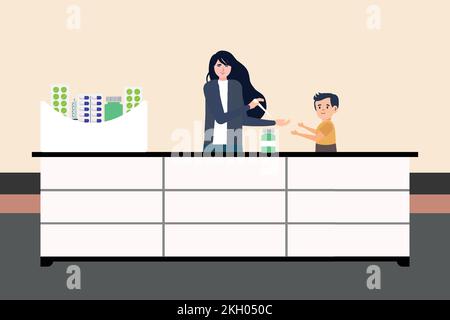Impfung eines Kindes am Krankenhauskonzeptvektor. Eine Ärztin gibt einem Kind Impfstoffe. Flaches Charakterdesign einer Ärztin und eines Jungen mit s Stock Vektor