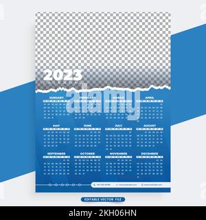 Modernes Silvester-Design für 2023 mit blauer Farbe und Pinseleffekt. Vorlage für Geschäftskalender und Büroorganisation mit abstrakten Formen. Neujahr ca. Stock Vektor