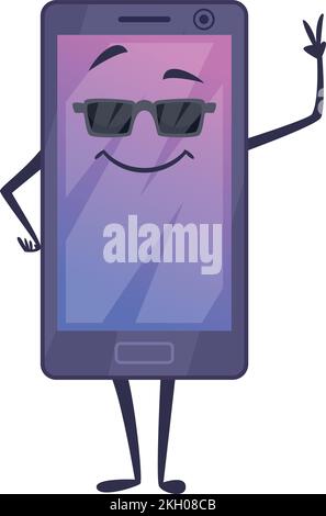 Coole Smartphone-Figur in der Sonnenbrille. Ein Cartoon-Handymaskottchen Stock Vektor