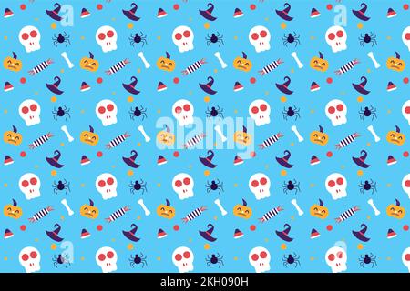 Halloween niedliches Elementmuster auf hellblauem Hintergrund. Nahtloses Halloween-Muster mit gruseligen Kürbissen und toten Schädeln. Abstraktes Muster dez Stock Vektor