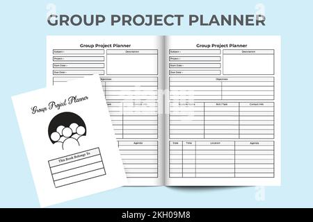 Gruppenprojektjournal KDP Interieur. Projektverfolgung für Schule und Notizbuchvorlage für Schülerinformationen. KDP-Innenlogbuch. Projektspeicher gruppieren Stock Vektor