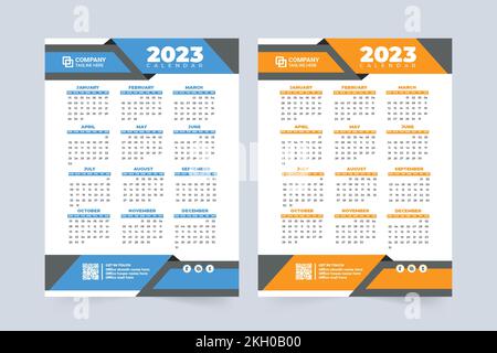 Kreative Kalenderdekoration mit abstrakten Formen. Vektor für Firmenwandkalender und Büroorganisation. 2023 Kalenderdesign in Blau und Orange Stock Vektor