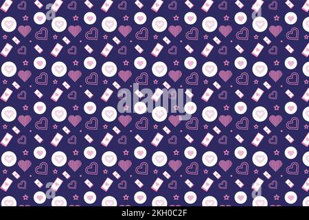 Moderne Dekoration mit Liebesmuster auf dunkelblauem Hintergrund. Nahtloses Muster mit verschiedenen Liebesformen. Minimaler Liebesmustervektor für Backgrou Stock Vektor