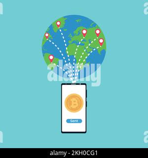 Bitcoin mit einem Smartphone-Vektor überall auf der Welt senden. Bitcoin- und Geldtransaktionsmethode mit einer Weltkarte und Standortpunkten. Online m Stock Vektor